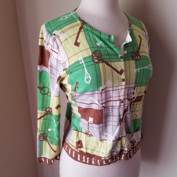 CAbi Green Key Print Button Up Cardigan Sweater - Picture 6 of 8